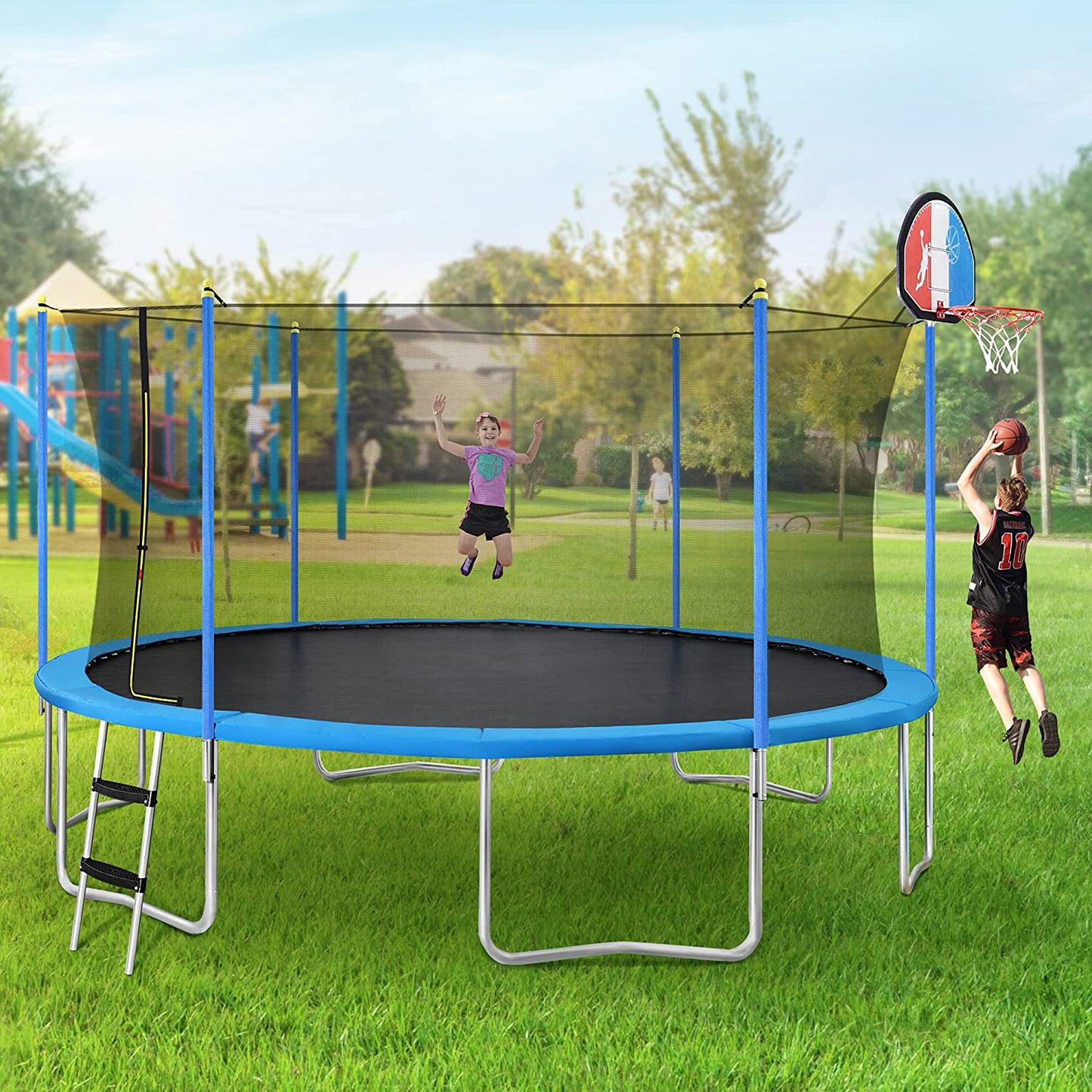 15 FT Trampoline with Safety Enclosure Net, Basketball Hoop and Ladder