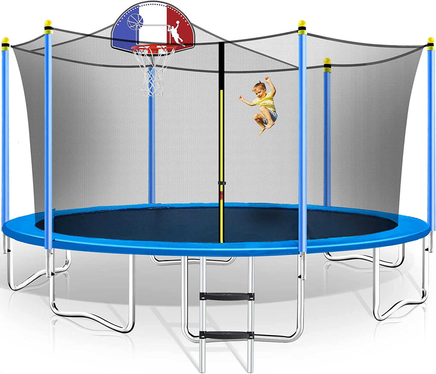 15 FT Trampoline with Safety Enclosure Net, Basketball Hoop and Ladder