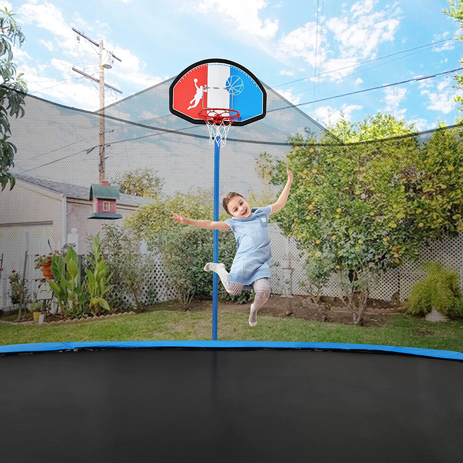 15 FT Trampoline with Safety Enclosure Net, Basketball Hoop and Ladder