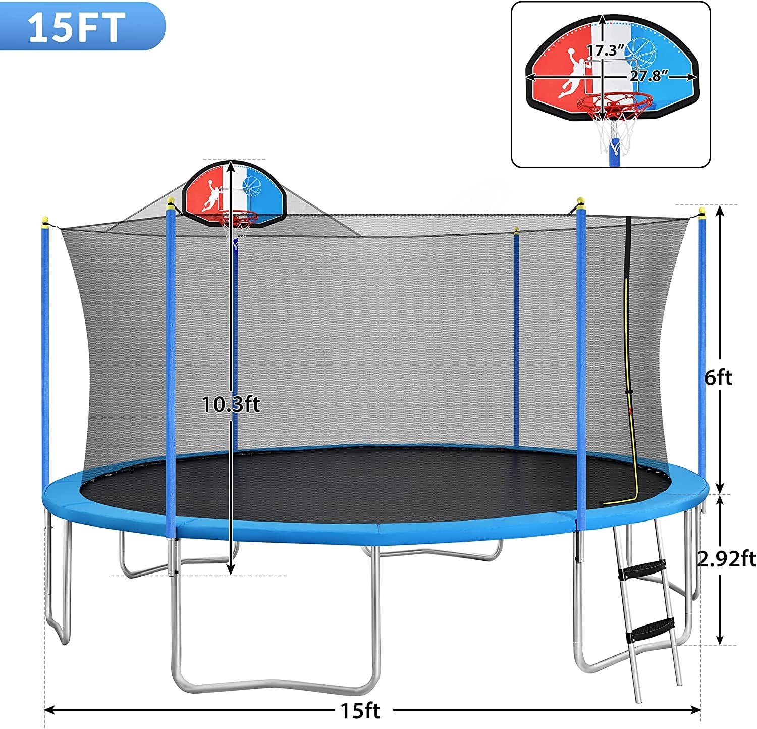 15 FT Trampoline with Safety Enclosure Net, Basketball Hoop and Ladder